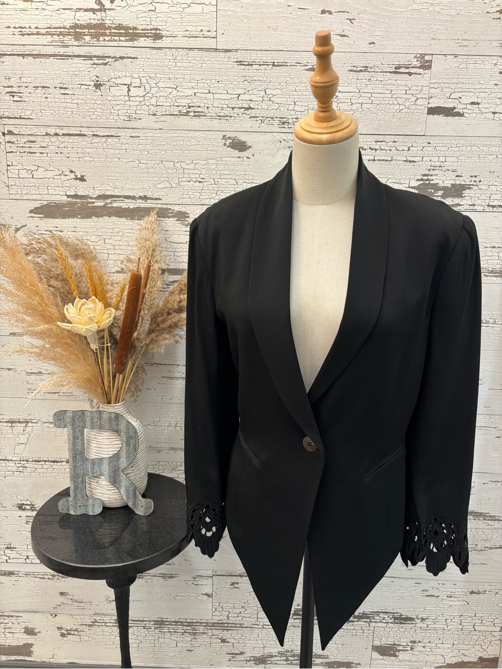 Women's Black Shawl Collar Blazer with Lace Cut Cuffs